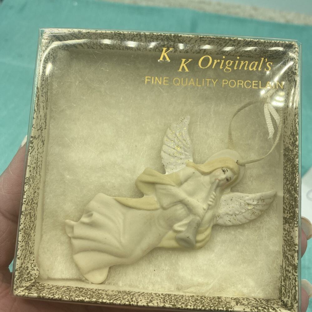 KK Original Fine Quality Porcelain Angel Blowing Horn Ornament Yellow Signed